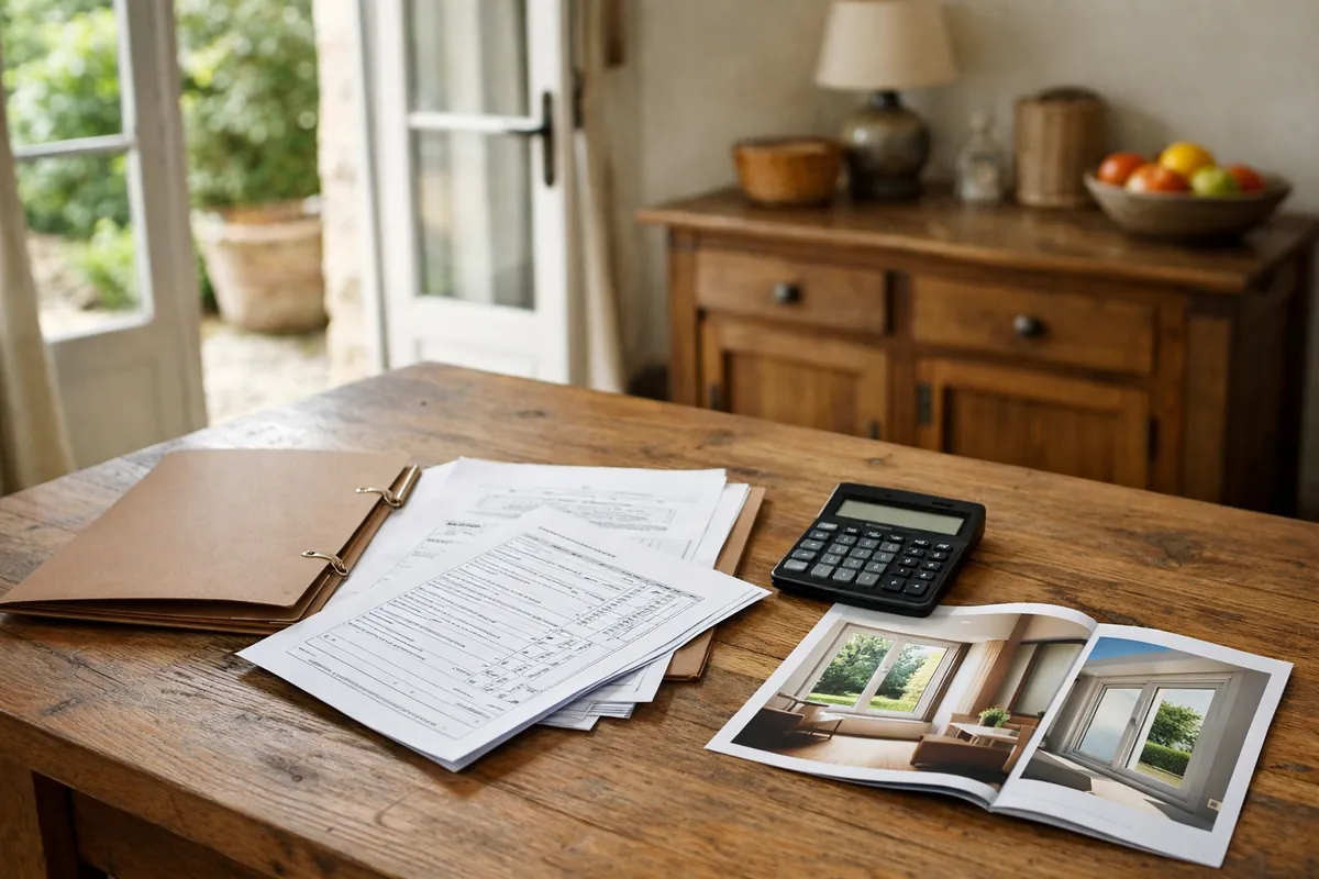 Dossier de demande d'aides à la rénovation avec brochure de fenêtres et calculatrice