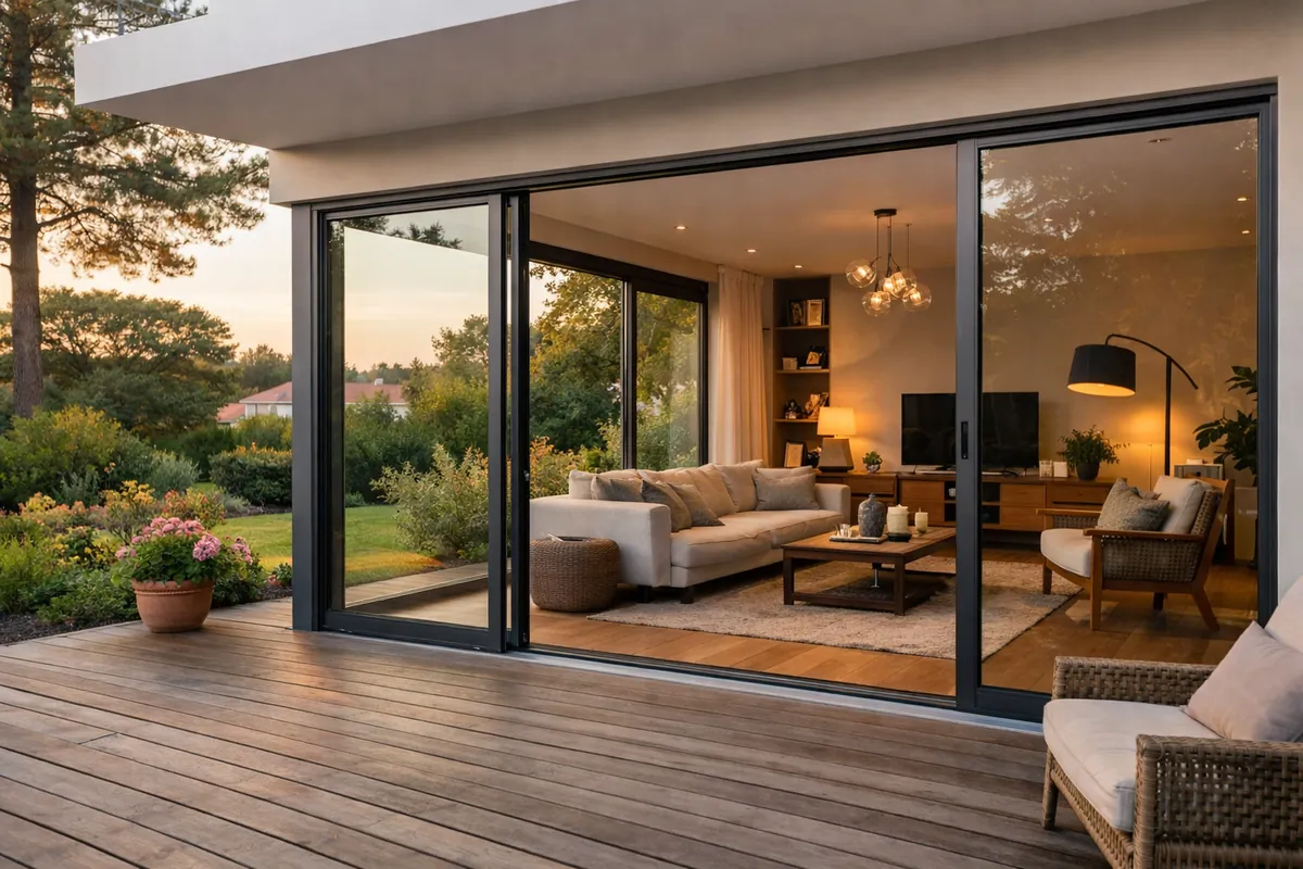Baie vitrée coulissante aluminium trois vantaux ouverte sur une terrasse en bois