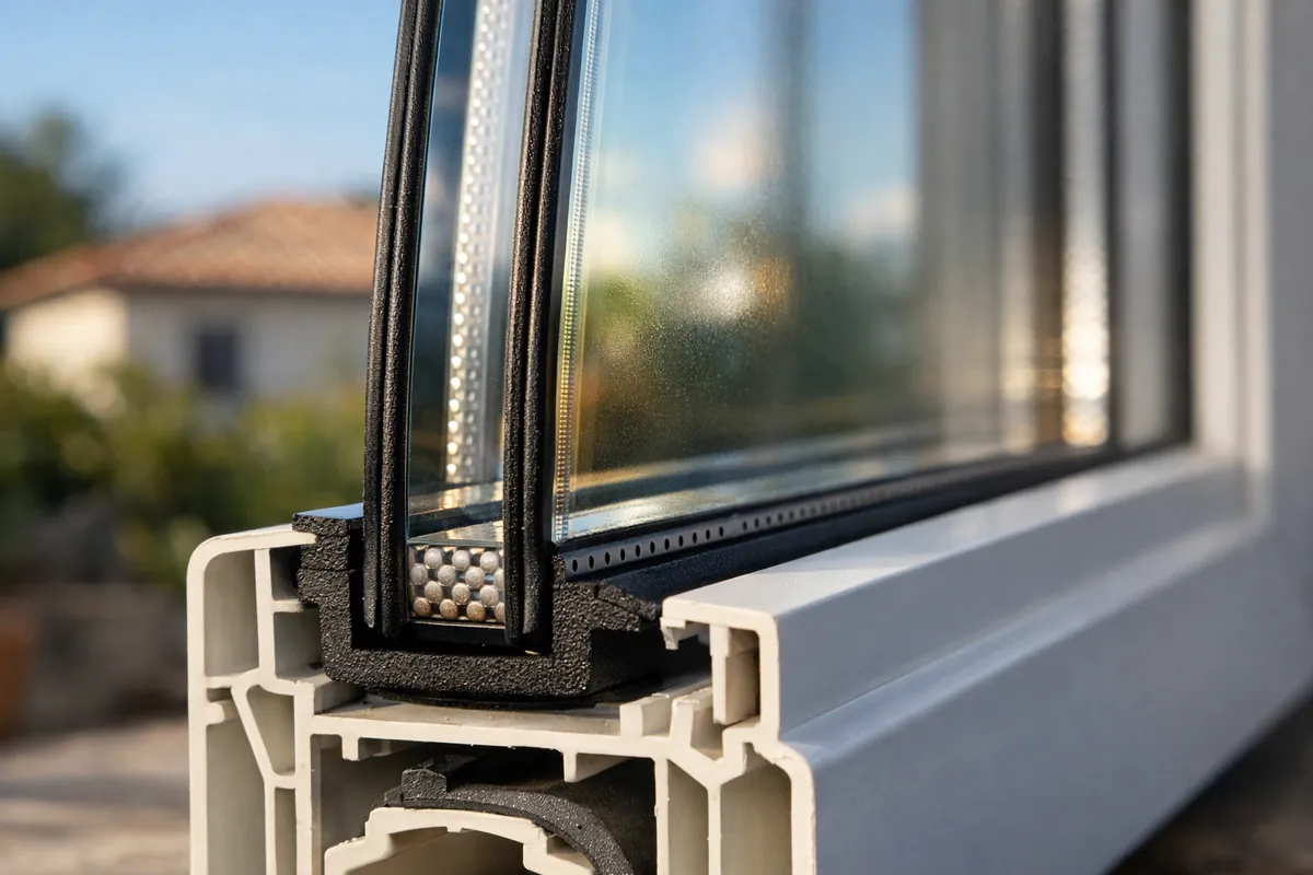 Détail de la tranche d'un double vitrage avec intercalaire à bord chaud