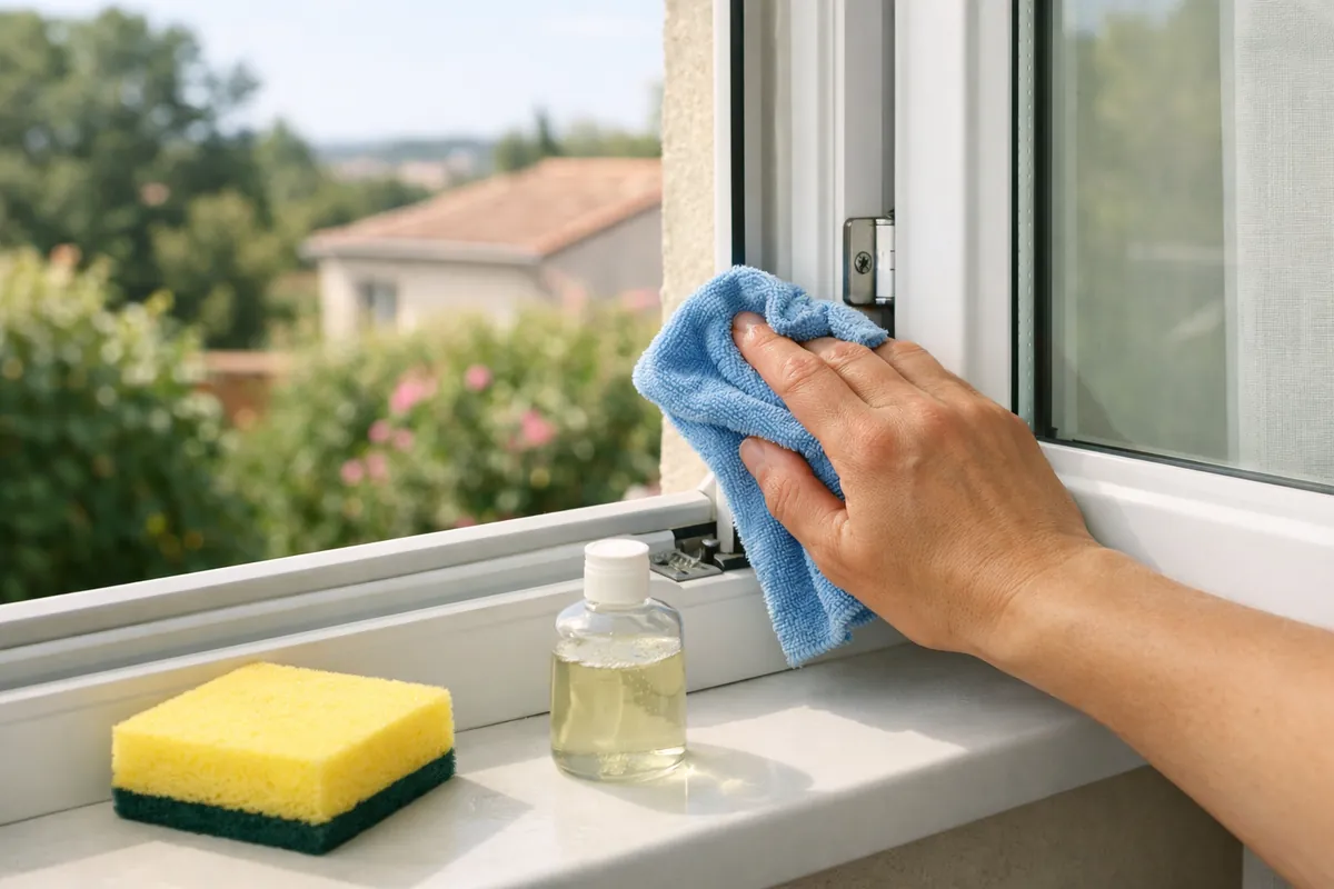 Nettoyage d'une fenêtre aluminium à l'éponge douce et à l'eau savonneuse