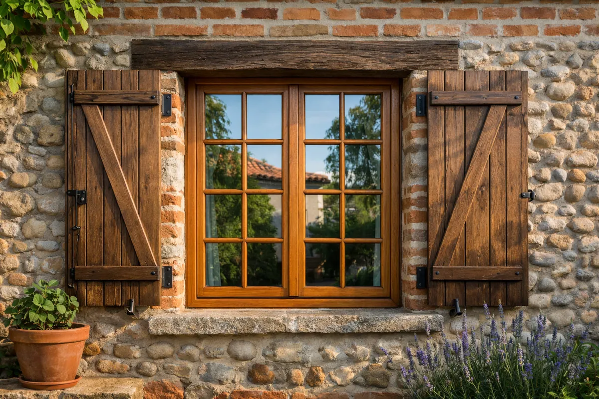 Fenêtre bois en chêne avec petits bois et double vitrage sur une maison ancienne en brique