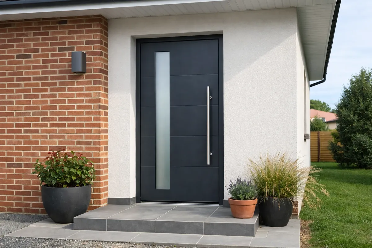 Porte d'entrée aluminium anthracite avec bandeau vitré dépoli sur une maison contemporaine