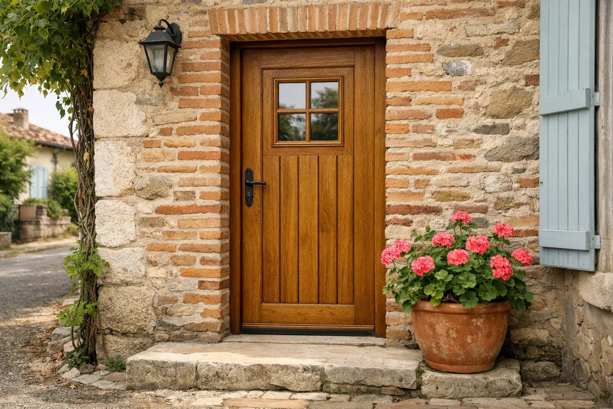 Porte d'entrée bois en chêne avec vitrage sur une maison de village en brique