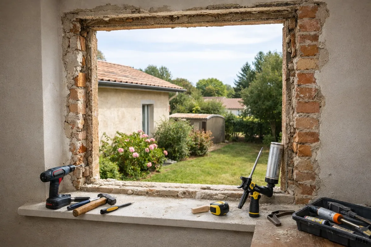 Ouverture en brique préparée pour la pose d'une fenêtre bois en dépose totale